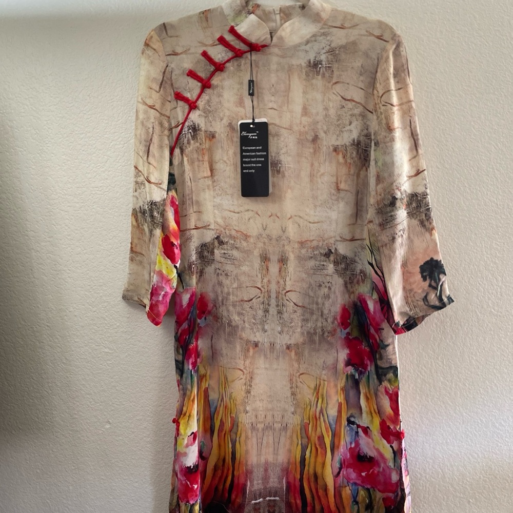 100% Silk Chinese Dress NWT Romantic Feminine Floral Print XL - Picture 1 of 8